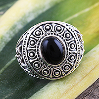 Onyx cocktail ring, 'Majestic at Midnight' - Sterling Silver Black Onyx Dome Ring