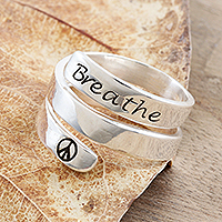 Sterling silver wrap ring, 'Breathe in Peace' - Sterling Silver Wrap Ring with Breathe Inscription
