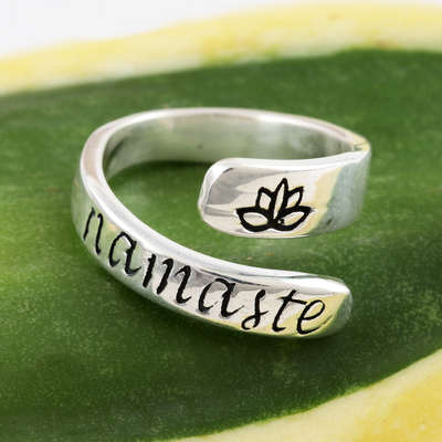 Sterling silver wrap ring, 'Lotus Namaste' - Sterling Silver Wrap Ring Namaste Lotus Inscription
