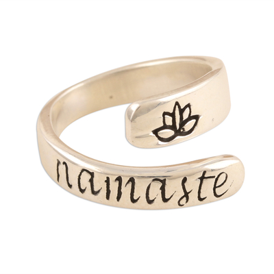 Sterling silver wrap ring, 'Lotus Namaste' - Sterling Silver Wrap Ring Namaste Lotus Inscription