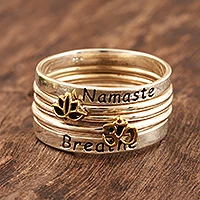 Sterling silver stacking rings, 'Peaceful Greetings' (set of 5) - 5 Stackable Sterling Silver Rings Namaste and Breathe