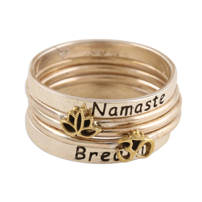 Sterling silver stacking rings, 'Peaceful Greetings' (set of 5) - 5 Stackable Sterling Silver Rings Namaste and Breathe