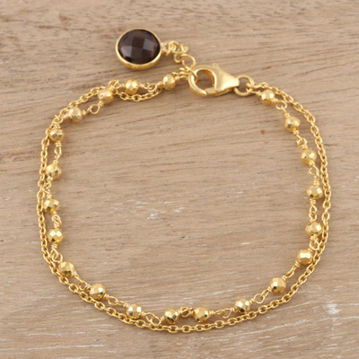 Gold plated smoky quartz charm bracelet, 'Golden Power' - 18k Gold Plated Beaded Charm Bracelet