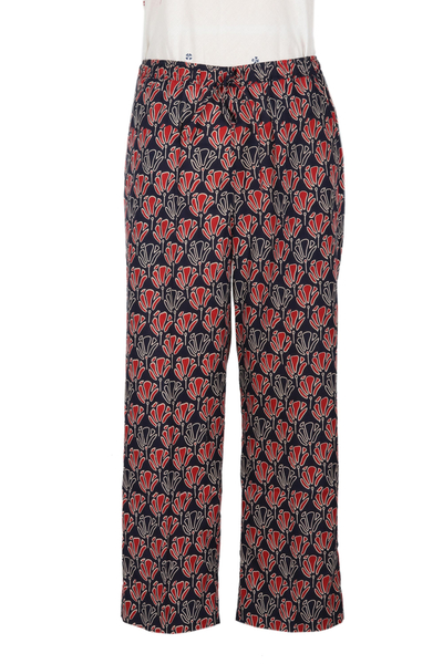 Cotton drawstring pants, 'Tulip Delight' - Drawstring Cotton Red and Navy Tulip Print Pants