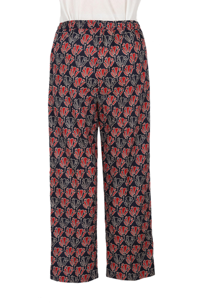 Cotton drawstring pants, 'Tulip Delight' - Drawstring Cotton Red and Navy Tulip Print Pants