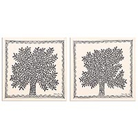 Madhubani diptych, 'Majestic Tree' (pair) - Diptych of Tree-Themed Madhubani Paintings (Pair)