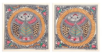 Madhubani-Diptychon, (Paar) - Mehrfarbiges Madhubani-Diptychon mit Fischmotiv (Paar)