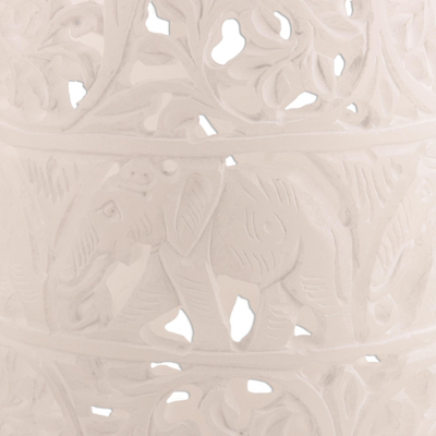Alabaster decorative vase, 'Marching Elephants' - Carved Alabaster Elephant Themed Decorative Vase