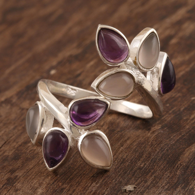 Amethyst and rose quartz cocktail ring, 'Leafy Glory' - Gemstone Cocktail Ring in Sterling Silver