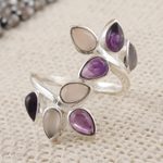 Amethyst and rose quartz cocktail ring, 'Leafy Glory' - Gemstone Cocktail Ring in Sterling Silver