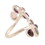 Amethyst and rose quartz cocktail ring, 'Leafy Glory' - Gemstone Cocktail Ring in Sterling Silver