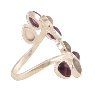 Amethyst and rose quartz cocktail ring, 'Leafy Glory' - Gemstone Cocktail Ring in Sterling Silver