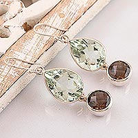 Prasiolite and smoky quartz dangle earrings, 'Tears from Heaven' - Prasiolite and Smoky Quartz Dangle Earrings