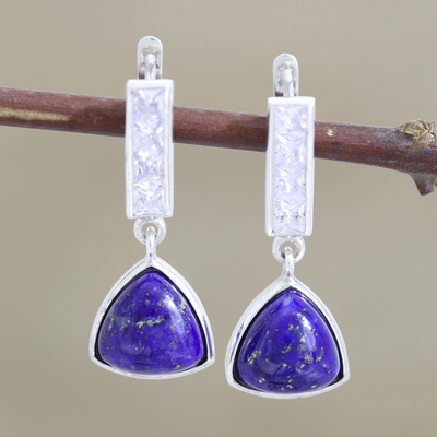 Lapis lazuli dangle earrings, 'Sparkling Royalty' - Lapis Lazuli and Cubic Zirconia Dangle Earrings