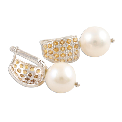 Citrine and cultured pearl drop earrings, 'Blissful' - Citrine and Freshwater Cultured Pearl Drop Earrings