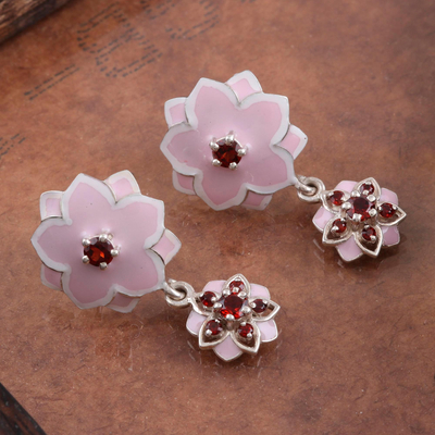 Garnet dangle earrings, 'Stars and Flowers' - Garnet and Sterling Silver Post Dangle Earrings Flower