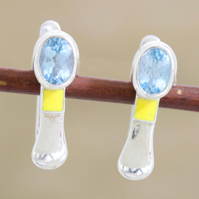 Blue topaz drop earrings, 'Charming Radiance' - Omega-Back Post Earrings with Faceted Blue Topaz