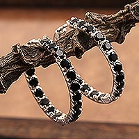 Onyx hoop earrings, 'Midnight Loops' - Faceted Black Onyx Gemstone Endless Hoop Earrings
