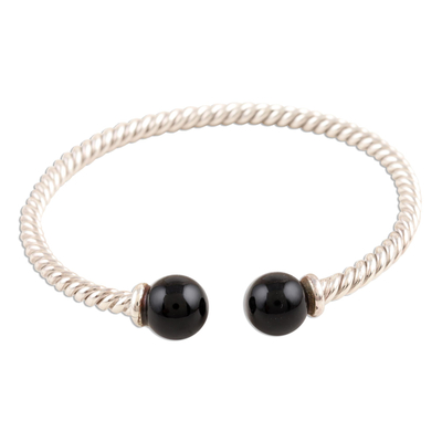 Onyx cuff bracelet, 'Lovely Luna in Black' - Sterling Silver and Black Onyx Twist Cuff Bracelet