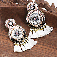 Glass bead chandelier earrings, 'Glorious Appeal in White' - Glass Bead Chandelier Earrings in Shades of White