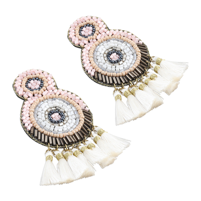 Glass beaded chandelier earrings, 'Glorious Appeal in White' - Glass Bead Chandelier Earrings in Shades of White