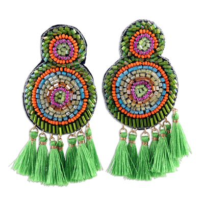 Glass bead chandelier earrings, 'Glorious Appeal in Green' - Glass Bead Chandelier Earrings in Shades of Green