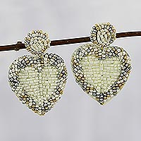 Glass bead dangle earrings, 'Romantic Heart in White' - White Beaded Heart Dangle Earrings