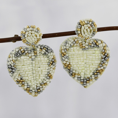Glass beaded dangle earrings, 'Romantic Heart in White' - White Beaded Heart Dangle Earrings
