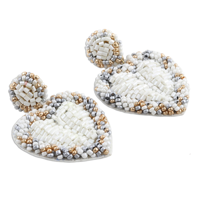 Glass beaded dangle earrings, 'Romantic Heart in White' - White Beaded Heart Dangle Earrings