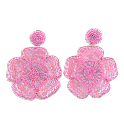 Glass Beaded Pink Flower Dangle Earrings
