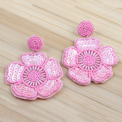 Glass bead dangle earrings, 'Floral Beauty in Pink' - Glass Beaded Pink Flower Dangle Earrings