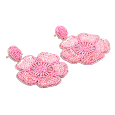 Glass beaded dangle earrings, 'Floral Beauty in Pink' - Glass Beaded Pink Flower Dangle Earrings