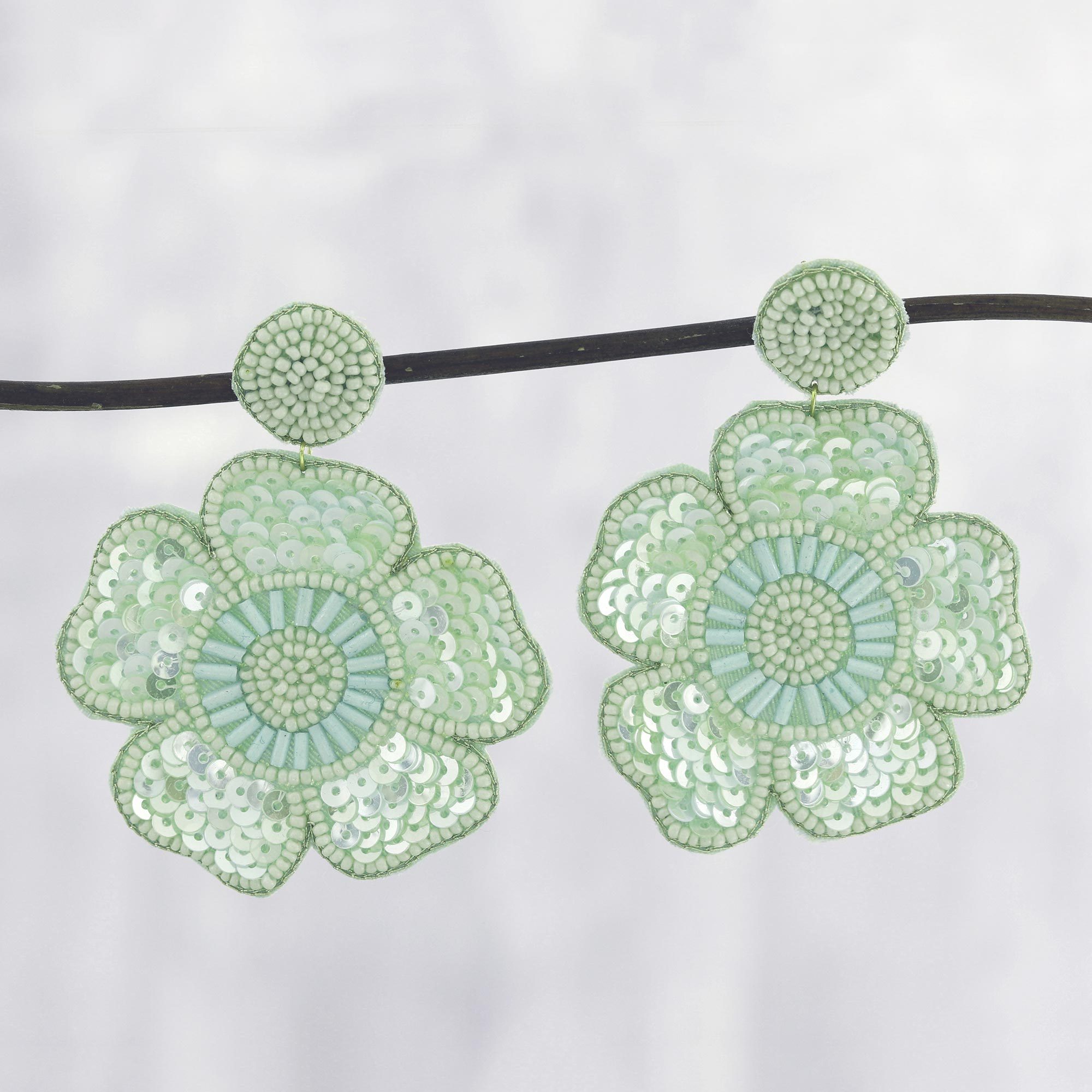UNICEF Market Glass Beaded Green Flower Dangle Earrings Floral