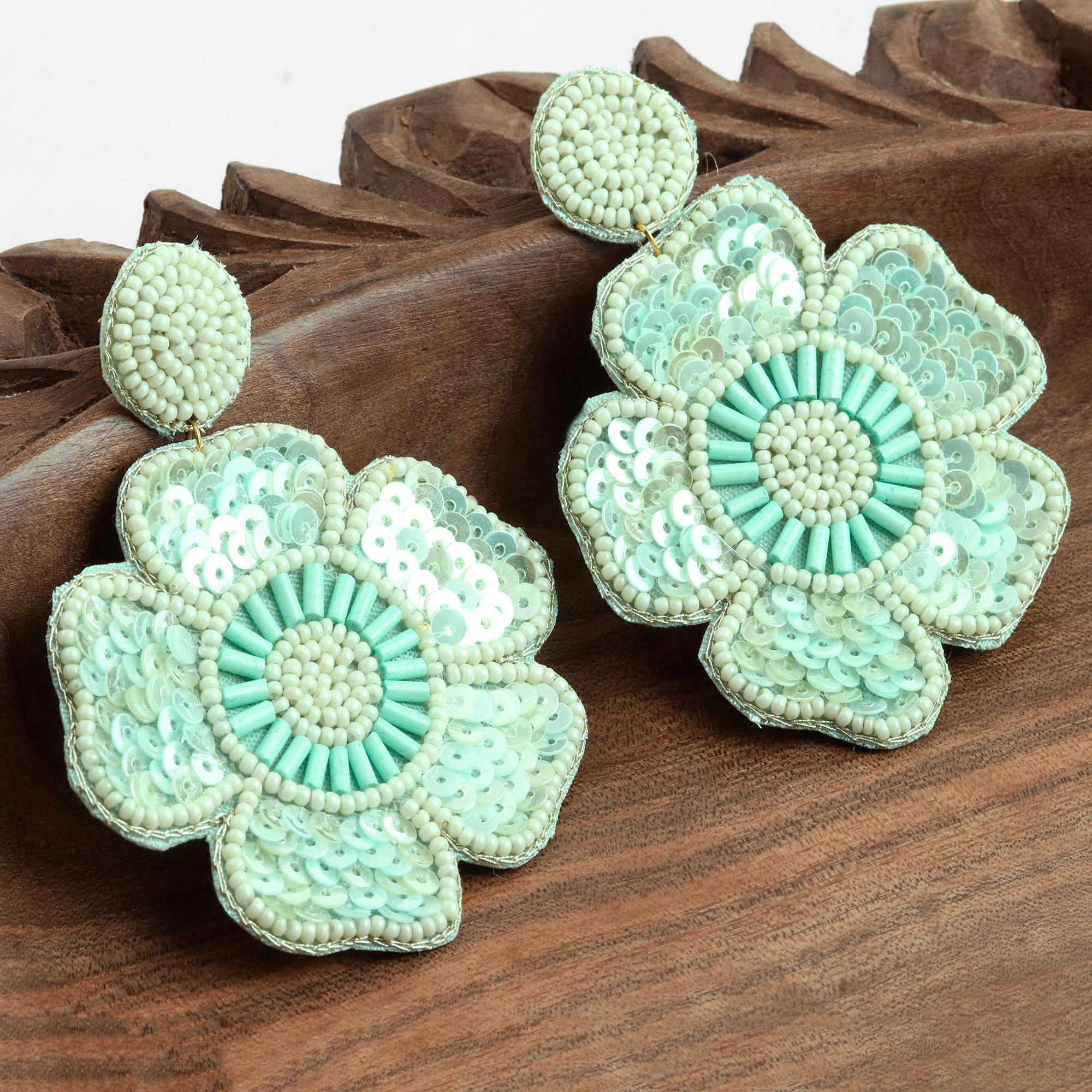 UNICEF Market Glass Beaded Green Flower Dangle Earrings Floral