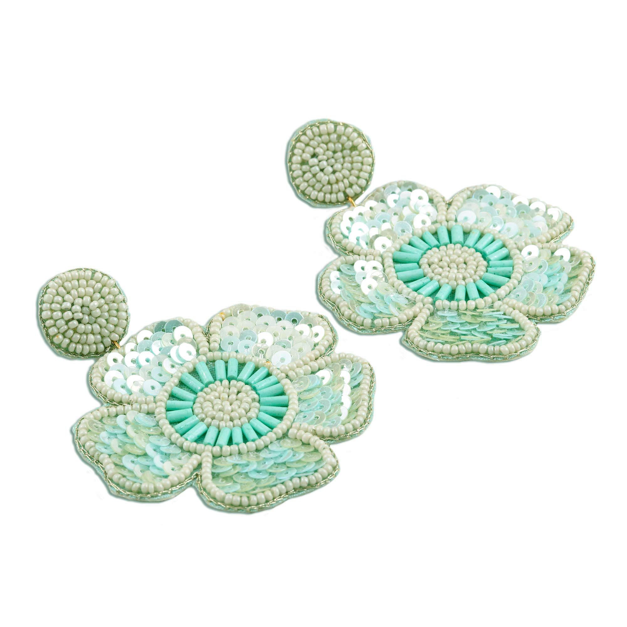 UNICEF Market Glass Beaded Green Flower Dangle Earrings Floral