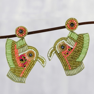 Glass beaded dangle earrings, 'Kingfisher Charm in Yellow' - Multicolor Beaded Kingfisher Dangle Earrings