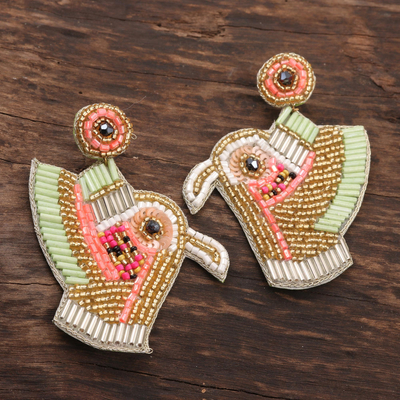 Glass beaded earrings, 'Kingfisher Charm in Lime' - Beaded Kingfisher Dangle Earrings
