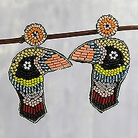 Glass bead dangle earrings, 'Woodpecker Delight in Black' - Multicolor Beaded Woodpecker Dangle Earrings