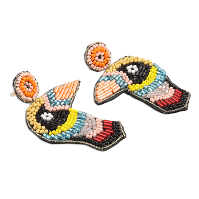 Glass beaded dangle earrings, 'Woodpecker Delight in Black' - Multicolor Beaded Woodpecker Dangle Earrings