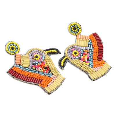 Glass beaded dangle earrings, 'Kingfisher Charm in Yellow' - Vibrant Beaded Kingfisher Dangle Earrings