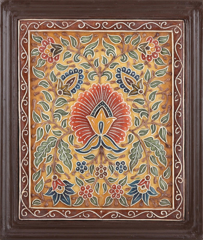 Wandkunst aus Marmor - Handbemalte florale Reliefplatte aus Marmor
