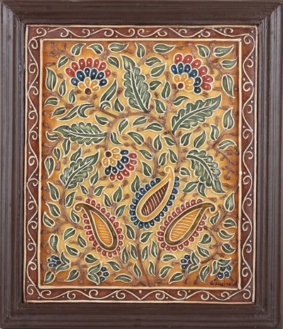 Marble wall art, 'Paisley Harmony' - Colorful Hand Painted Marble Relief