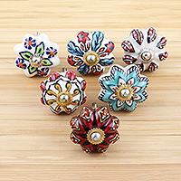 Ceramic knobs, 'Bohemian Bouquet' (set of 6) - Six Unique Colorful Ceramic Flower Knobs