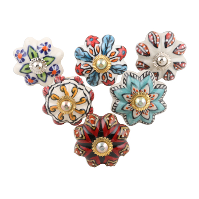 Ceramic knobs, 'Bohemian Bouquet' (set of 6) - Six Unique Colorful Ceramic Flower Knobs