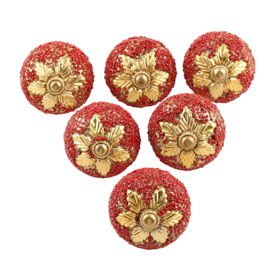 Wooden knobs, 'Golden Flower' (set of 6) - Set of 6 Red and Gold Wood Cabinet Knobs/Drawer Pulls