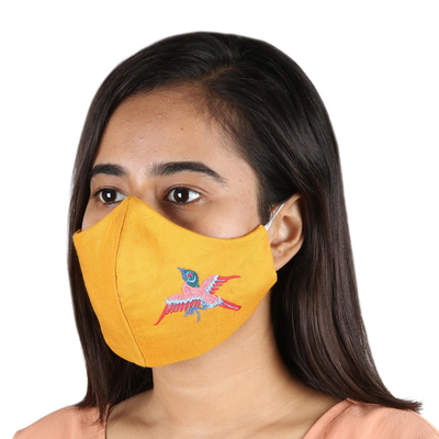 Gesichtsmasken aus Baumwolle und Viskose, (3er-Set) - Gestickte Gesichtsmasken mit schwarzem, elfenbeinfarbenem und gelbem Vogel, 3 Stück