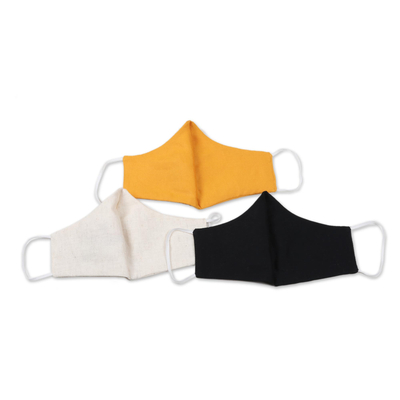 Gesichtsmasken aus Baumwolle und Viskose, (3er-Set) - Gestickte Gesichtsmasken mit schwarzem, elfenbeinfarbenem und gelbem Vogel, 3 Stück