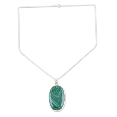 Malachite pendant necklace, 'Verdant Memories' - Bezel-Set Malachite Cabochon Pendant Necklace