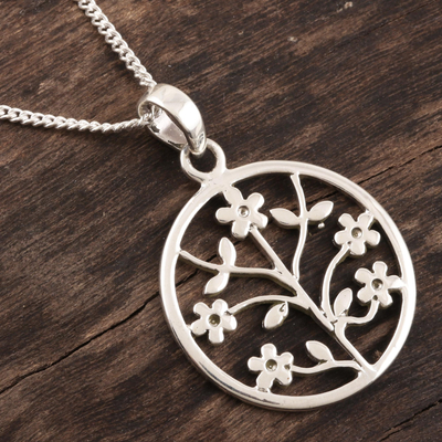 Sterling silver pendant necklace, 'Blossom Loop' - Artisan Made Sterling Silver Floral Pendant Necklace