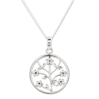 Sterling silver pendant necklace, 'Blossom Loop' - Artisan Made Sterling Silver Floral Pendant Necklace